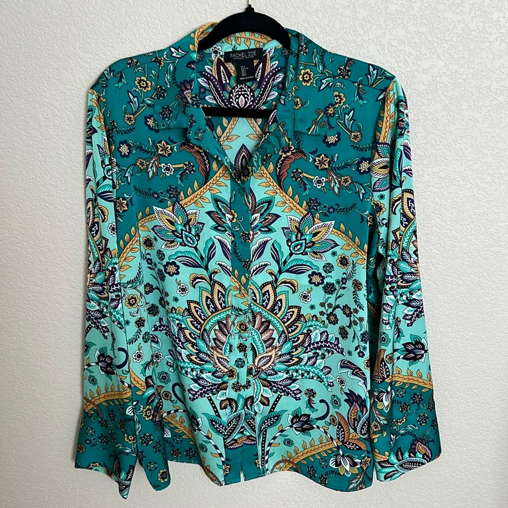Rachel Zoe satin green print blouse Size Large